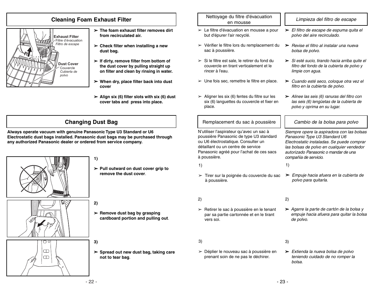 Nettoyage du filtre d'evacuation en mousse, Remplacement du sac a poussiere, Limpieza del filtro escape | Cambio de la bolsa para polvo, Cleaning foam exhaust filter off on off on, Changing dust bag | Panasonic MC-V5706 User Manual | Page 23 / 44