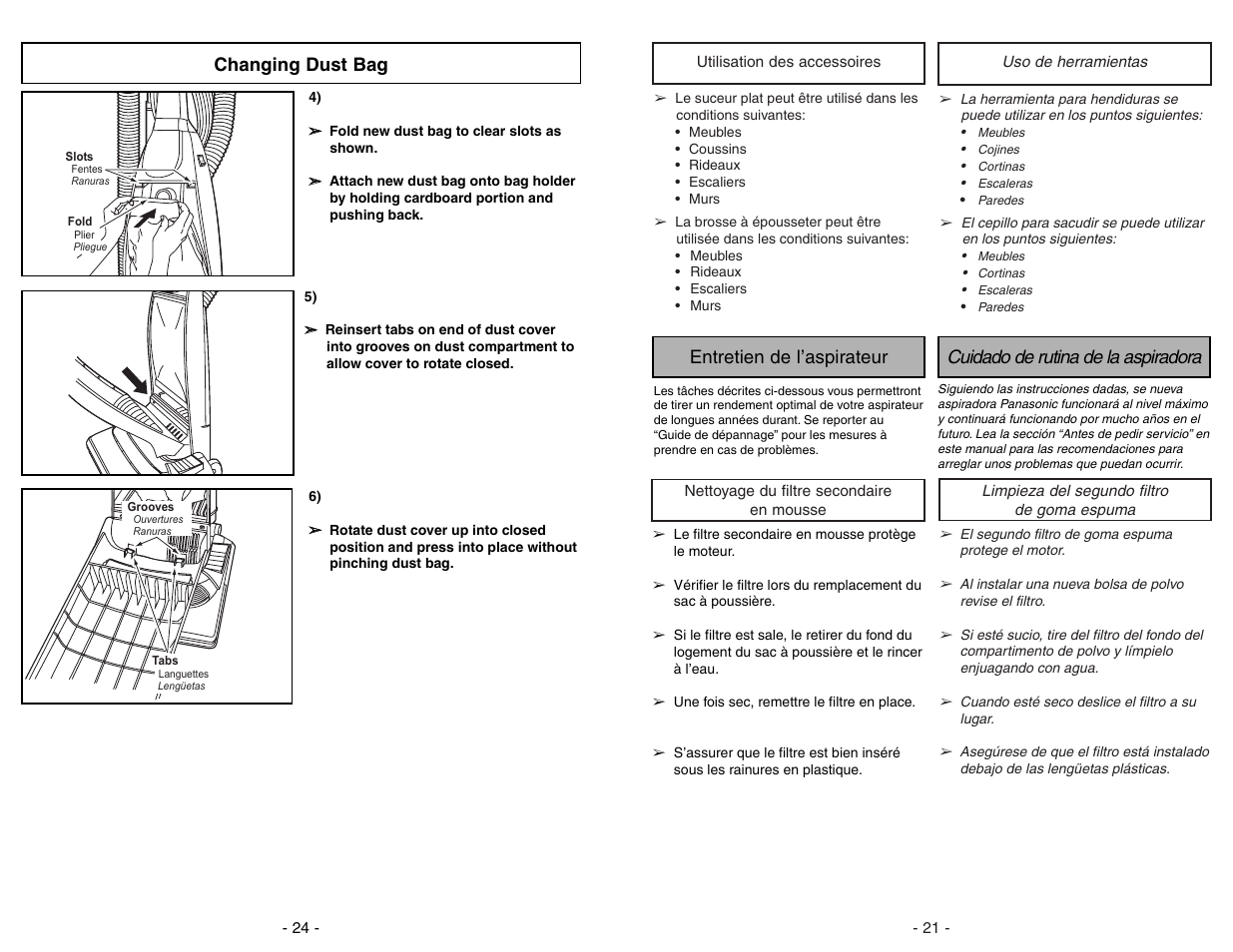 Off on, Changing dust bag | Panasonic MC-V5706 User Manual | Page 24 / 44
