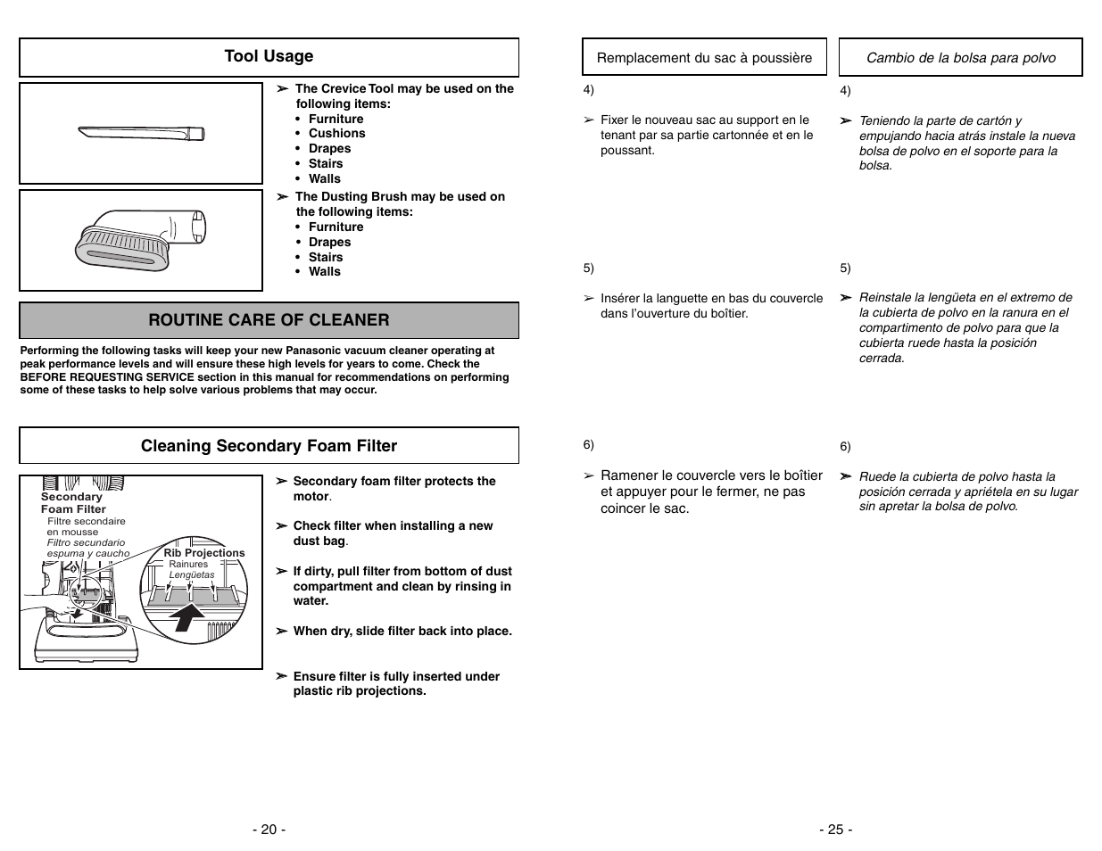 Tool usage, Routine care of cleaner, Cleaning secondary foam filter | Panasonic MC-V5706 User Manual | Page 25 / 44