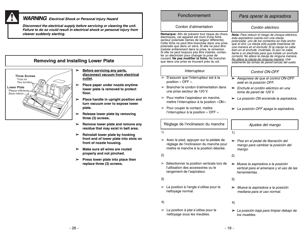 Removing and installing lower plate, Warning, Para operar la aspiradora fonctionnement | Panasonic MC-V5706 User Manual | Page 26 / 44