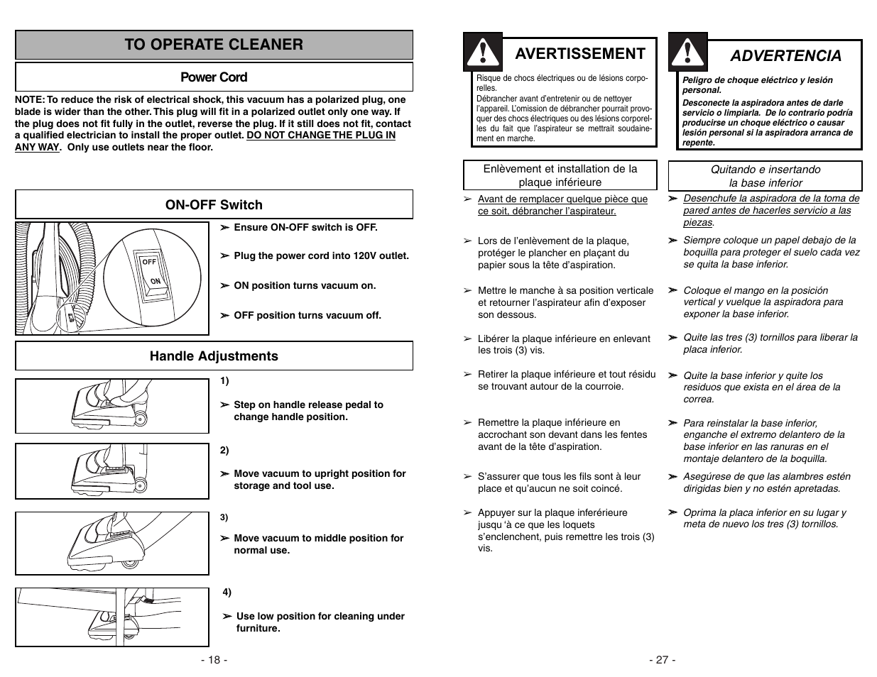 Enlevement et installation de la plaque inferieure, Cambiar y insertar de la base inferior, Advertencia | Avertissement | Panasonic MC-V5706 User Manual | Page 27 / 44