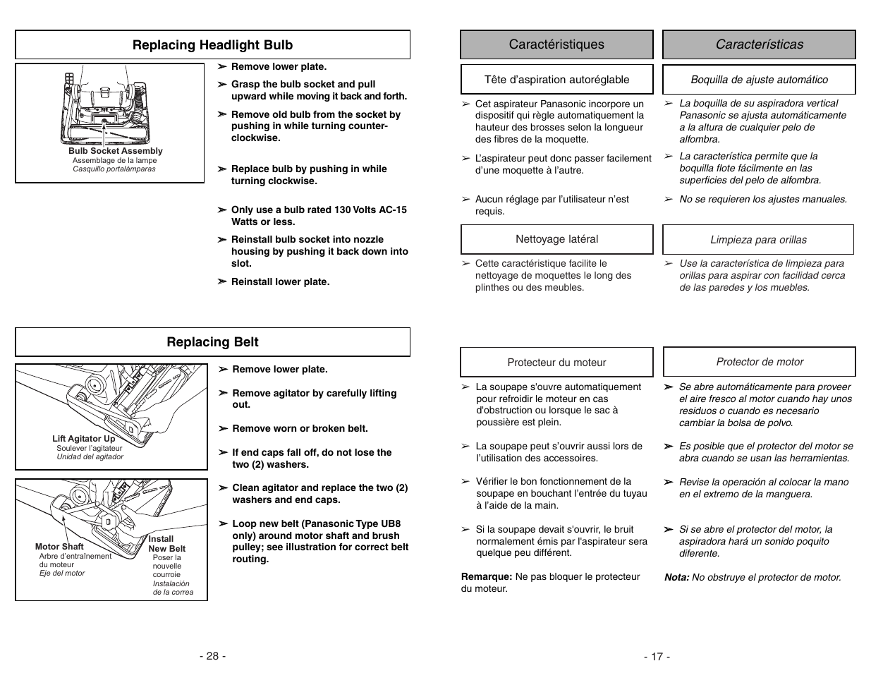 Replacing headlight bulb, Replacing belt, Características caractéristiques | Panasonic MC-V5706 User Manual | Page 28 / 44