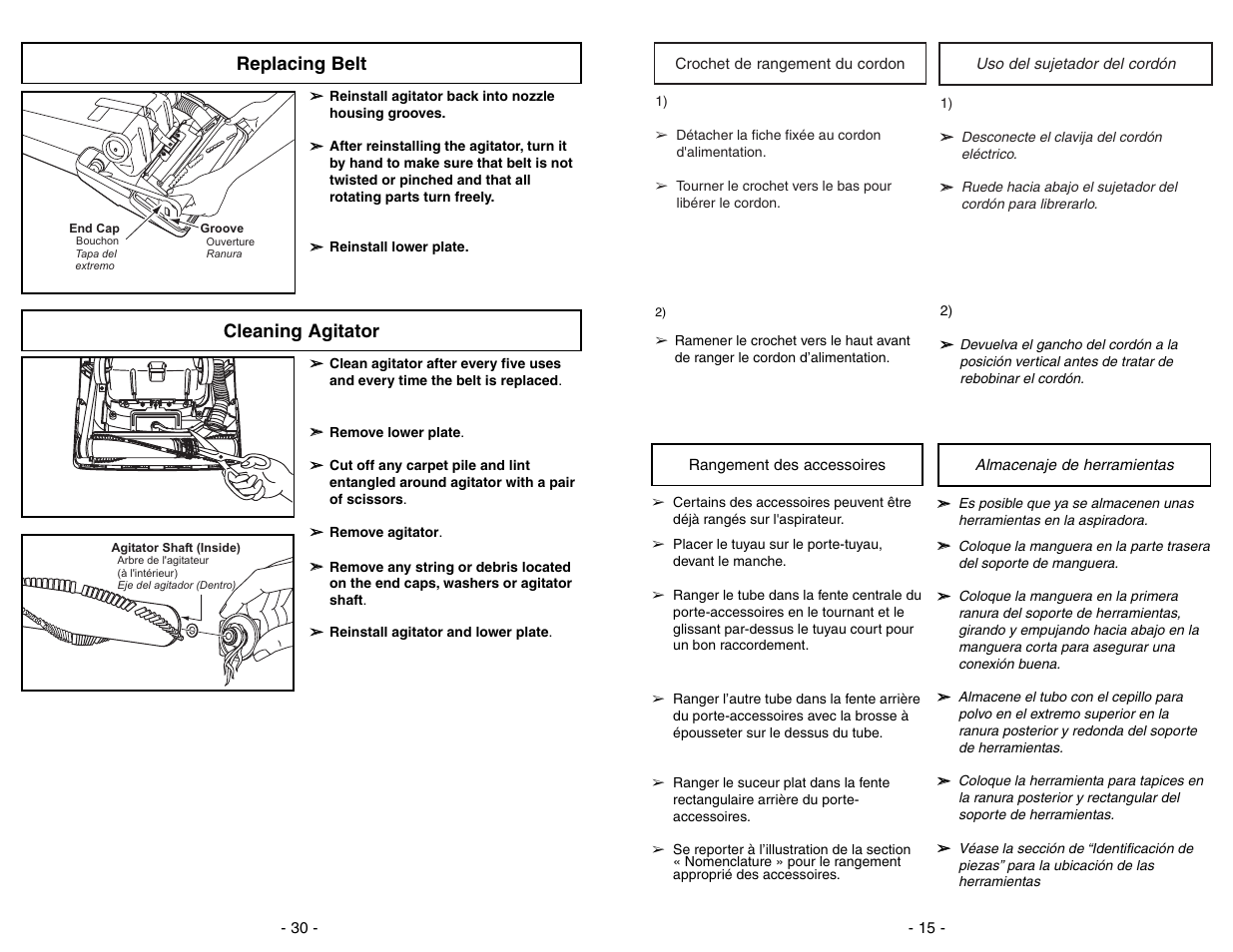 Cleaning agitator, Replacing belt cleaning agitator | Panasonic MC-V5706 User Manual | Page 30 / 44