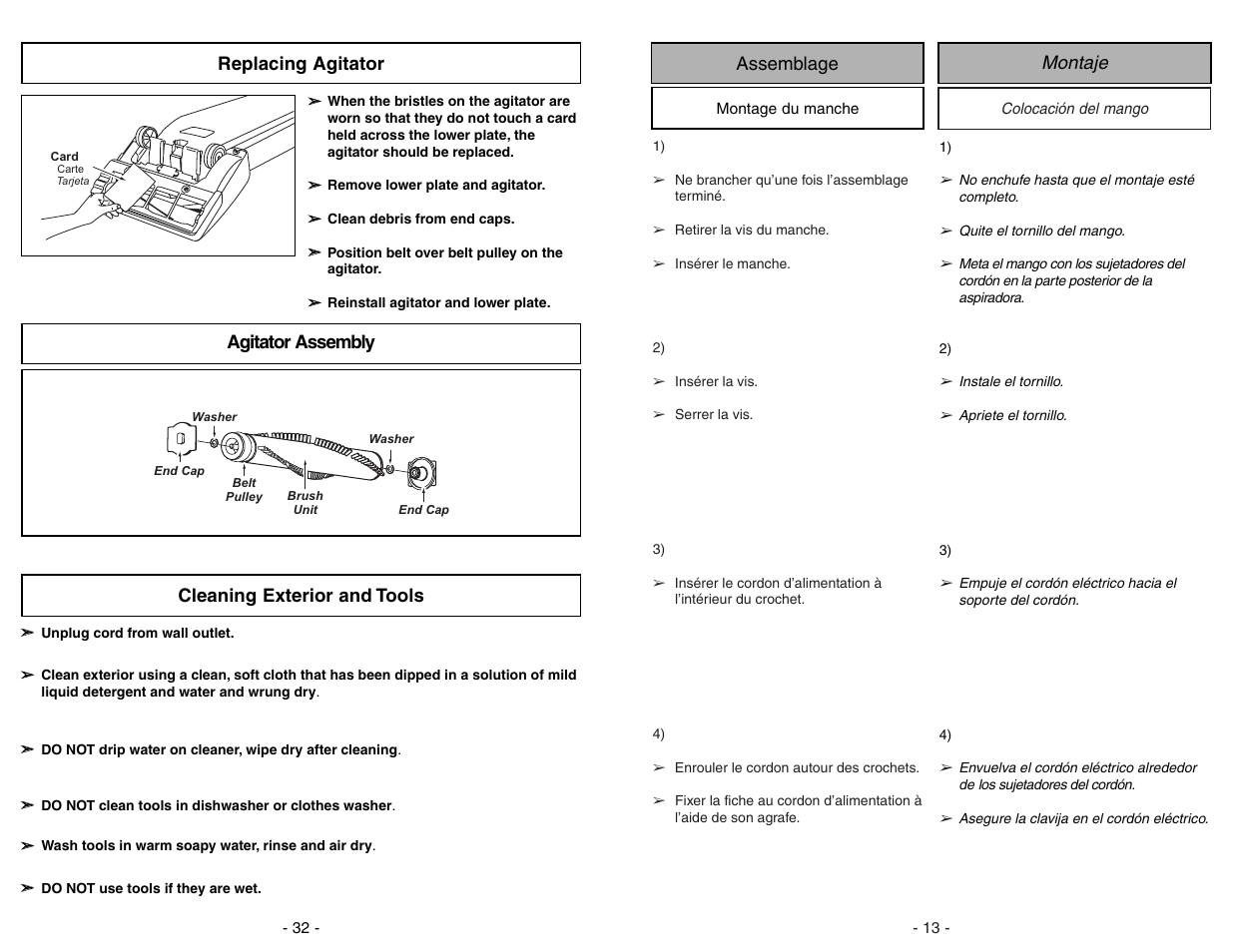 Replacing agitator, Agitator assembly, Cleaning exterior and tools | Montaje assemblage | Panasonic MC-V5706 User Manual | Page 32 / 44