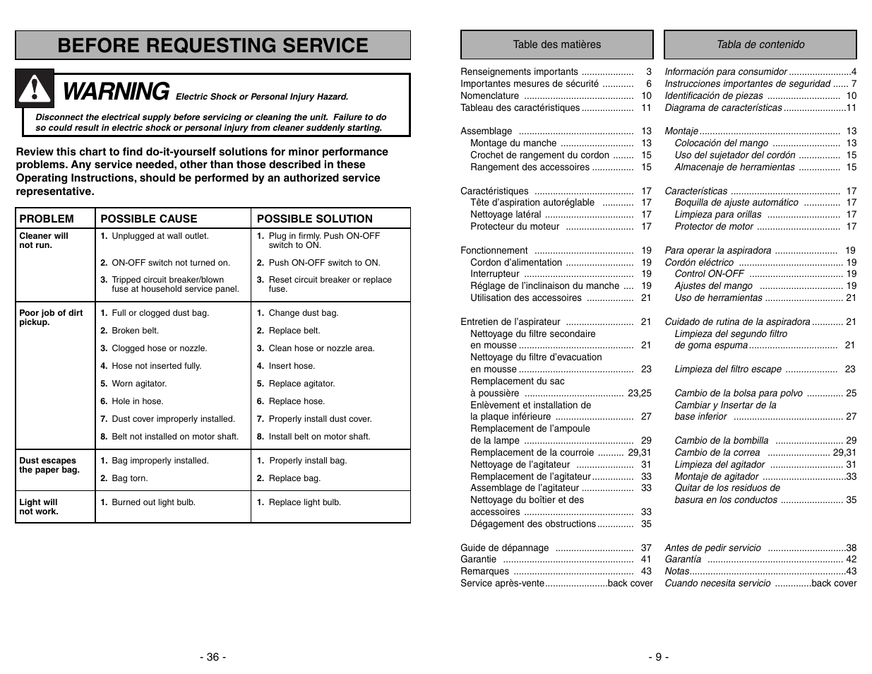 Before requesting service, Warning | Panasonic MC-V5706 User Manual | Page 36 / 44