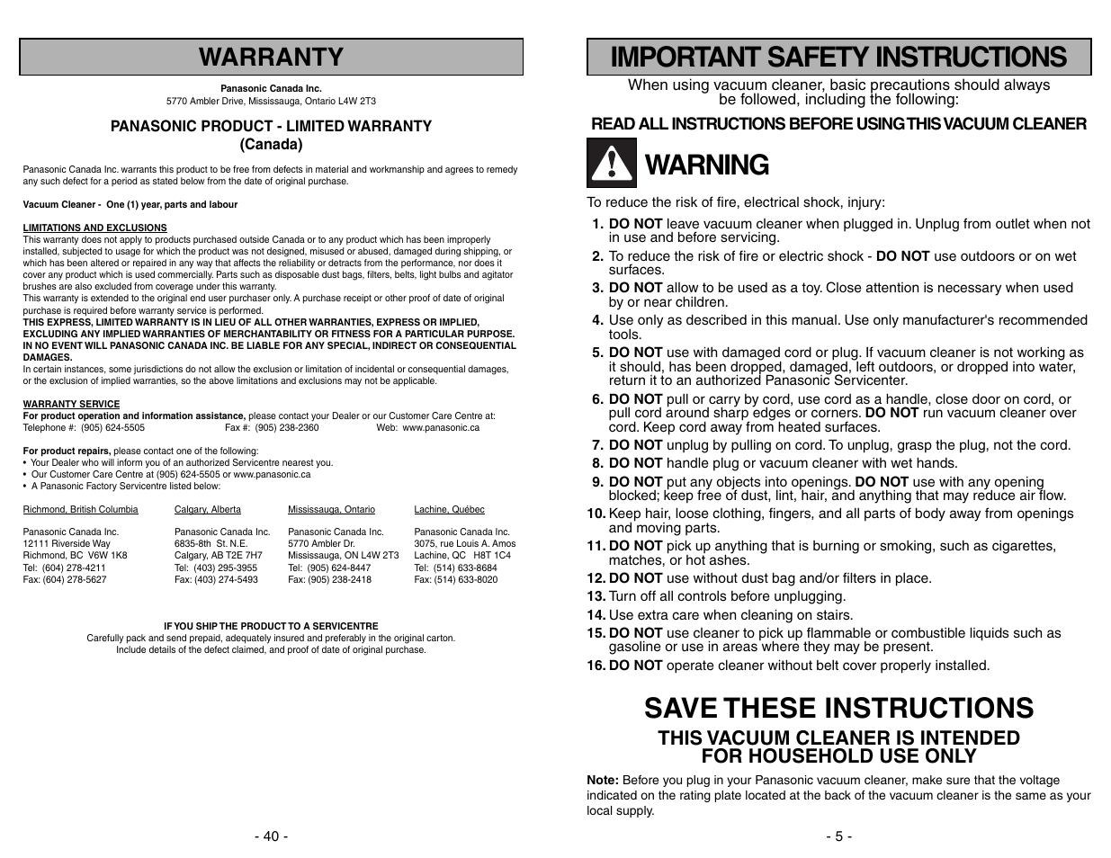 Warning, Save these instructions, Important safety instructions | Warranty | Panasonic MC-V5706 User Manual | Page 40 / 44