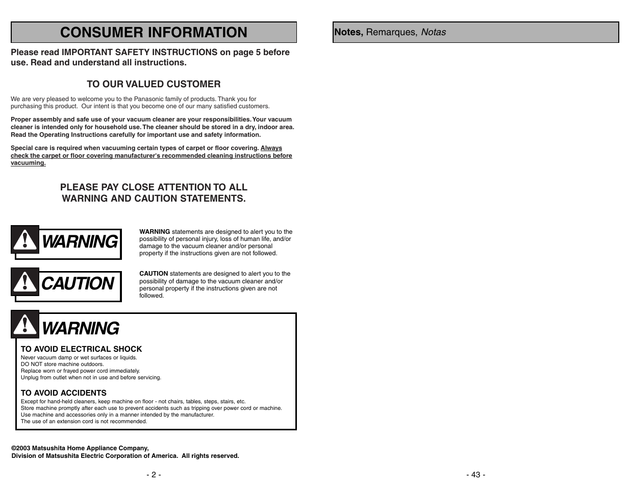 Notes, Remarques, Notas | Warning, Caution, Consumer information | Panasonic MC-V5706 User Manual | Page 43 / 44