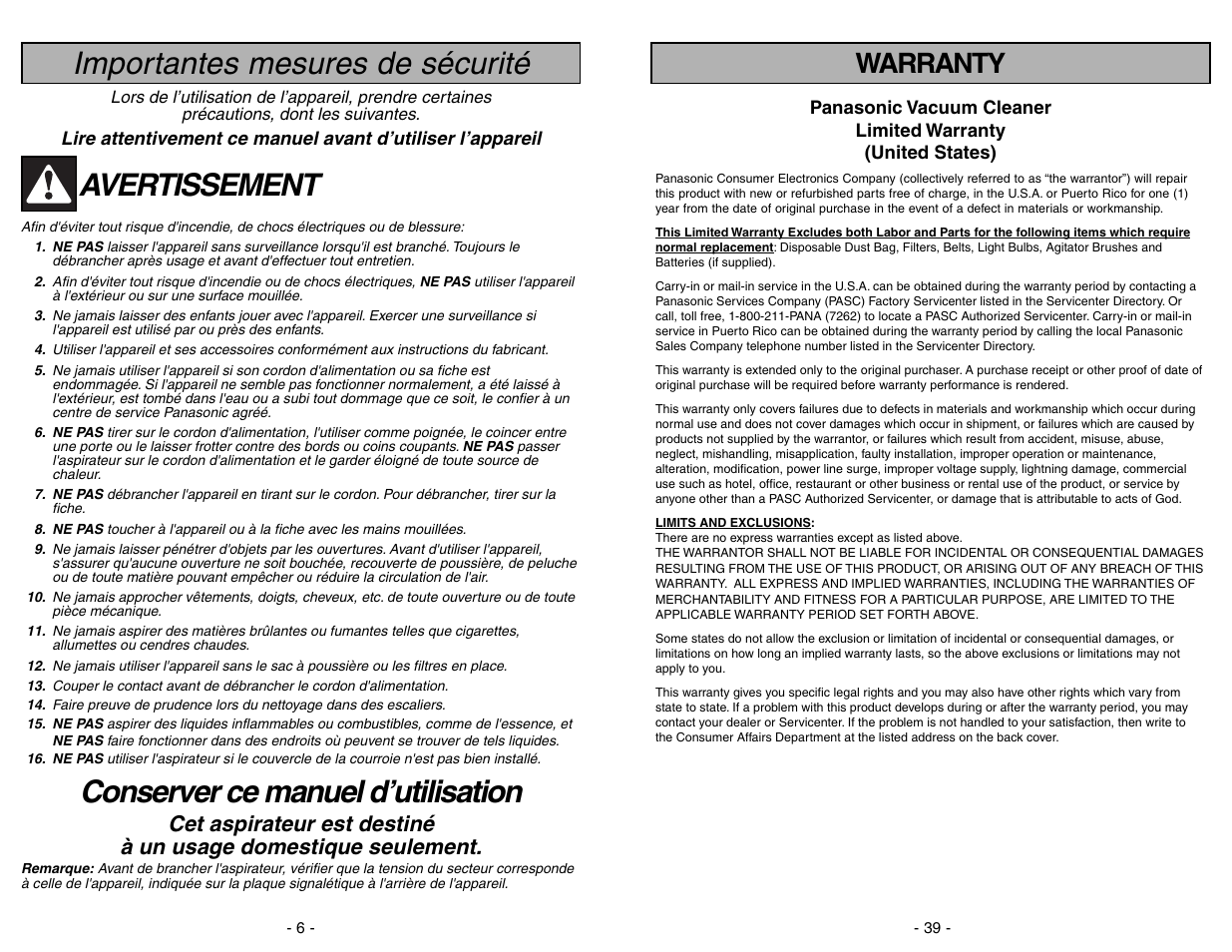 Importantes mesures de securite, Importantes mesures de sécurité, Avertissement | Conserver ce manuel d’utilisation, Warranty | Panasonic MC-V5706 User Manual | Page 6 / 44