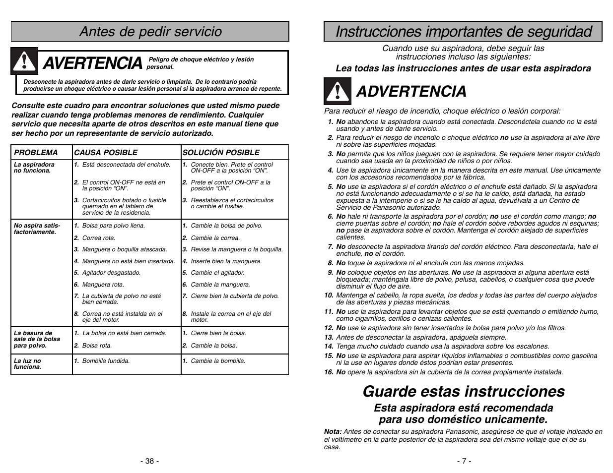 Instrucciones importantes de seguridad, Avertencia, Advertencia | Guarde estas instrucciones, Antes de pedir servicio | Panasonic MC-V5706 User Manual | Page 7 / 44