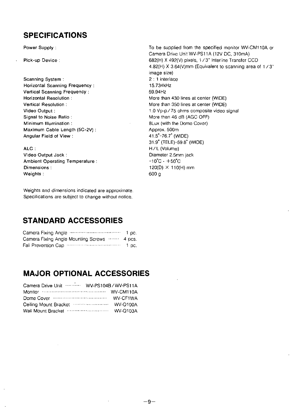 Specifications, Standard accessories, Major optional accessories | Panasonic WVCF20 User Manual | Page 10 / 12