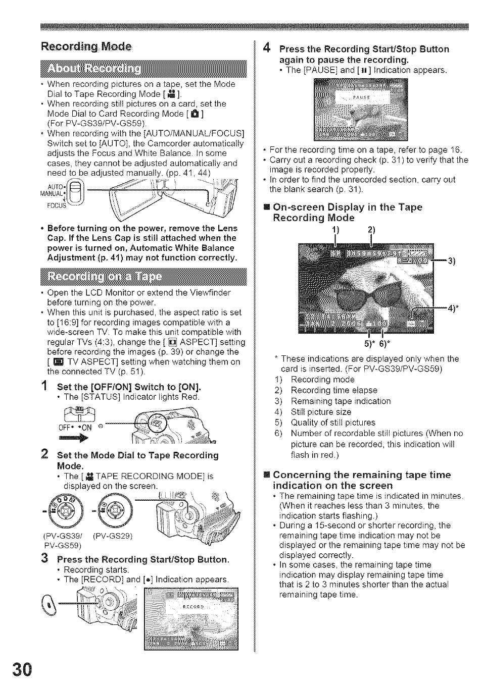 Recording mode | Panasonic PV-GS39 User Manual | Page 30 / 92