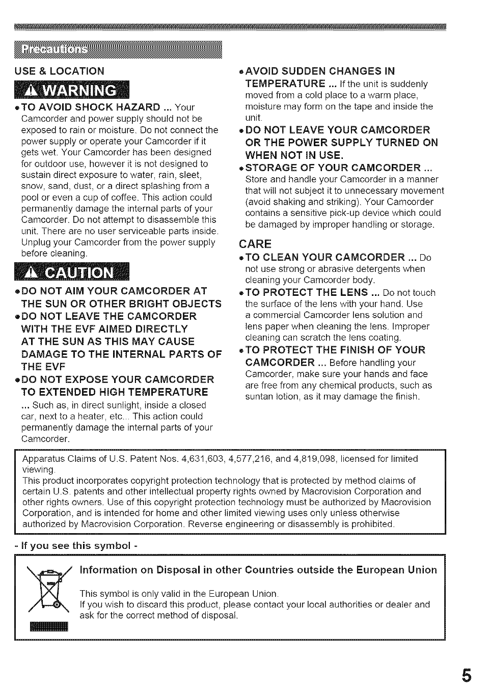 Care, A warning, A caution | Panasonic PV-GS39 User Manual | Page 5 / 92
