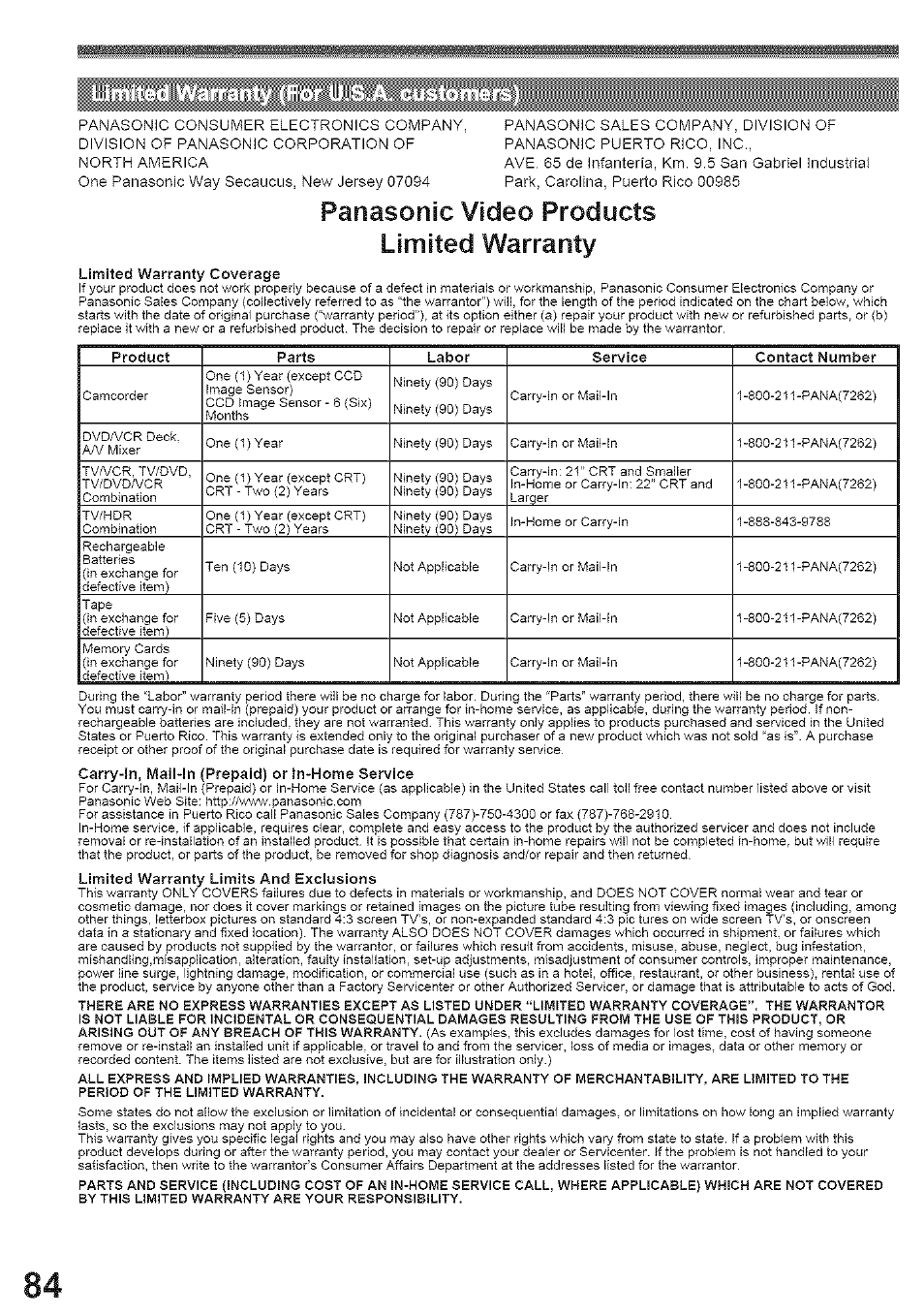 Limited warranty, Panasonic video products | Panasonic PV-GS39 User Manual | Page 84 / 92
