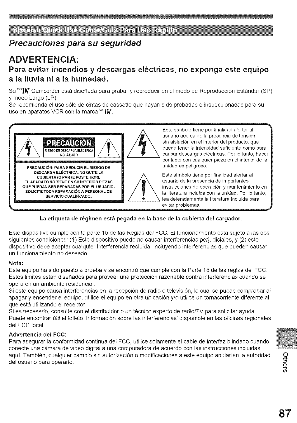 Precauciones para su seguridad, Precaucion, Precautions | Advertencia, Iv- precaucion | Panasonic PV-GS39 User Manual | Page 87 / 92