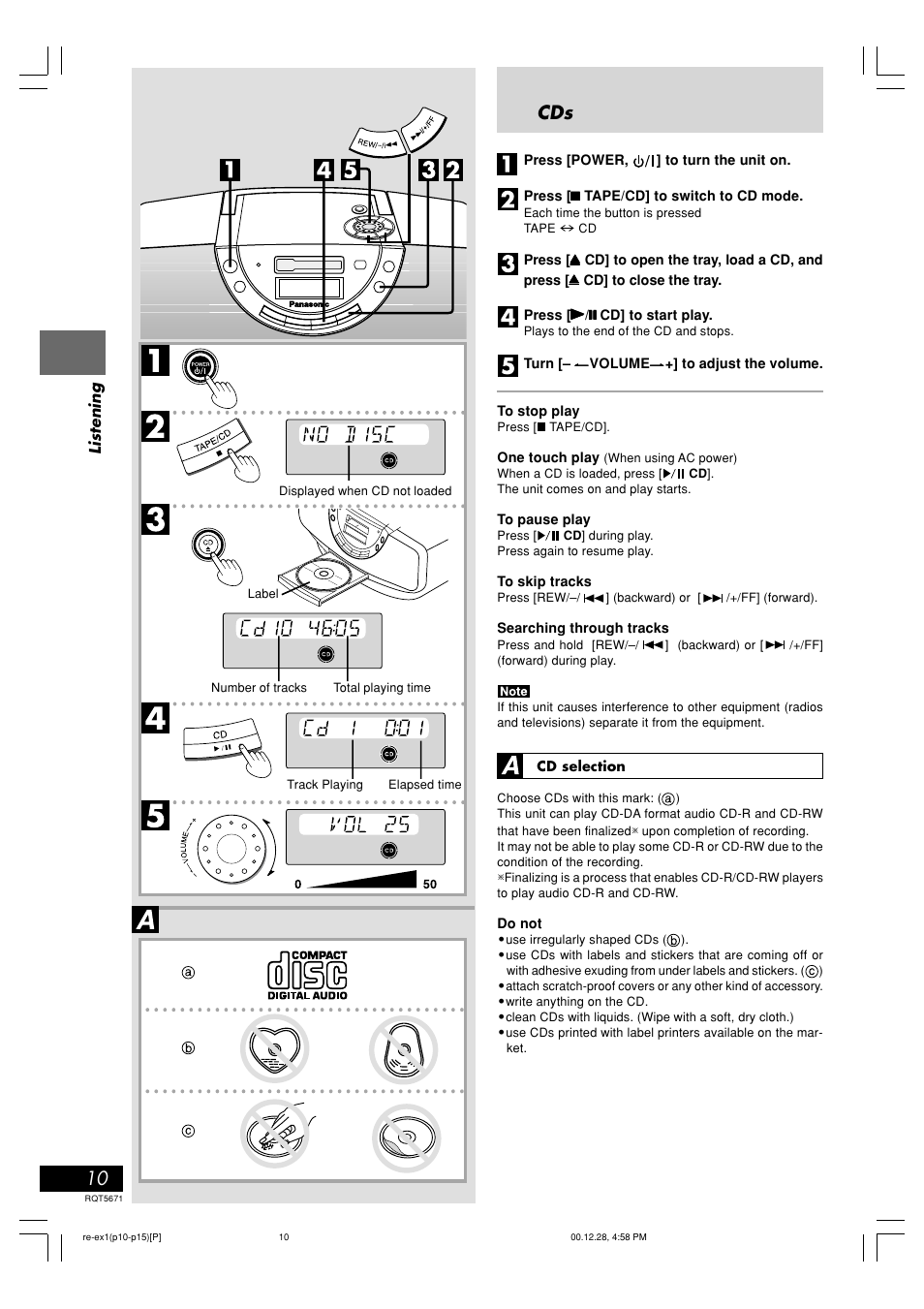 Listening, Cd's, Press [power | Turn, Volume, One touch play, Searching through tracks, Cd selection, Do not | Panasonic RX-EX1 User Manual | Page 10 / 24