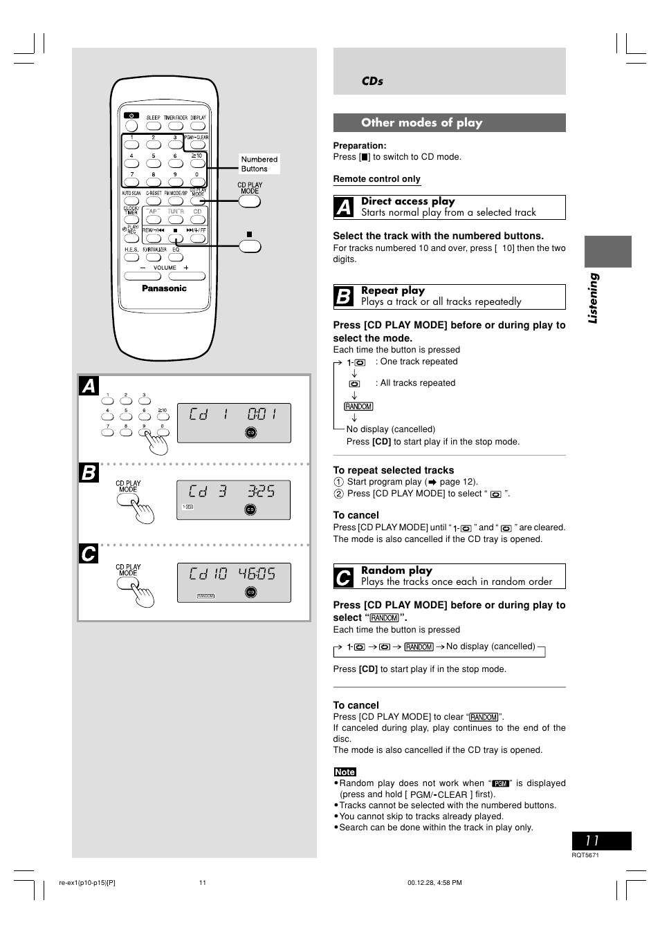 Listening, Cds other modes of play | Panasonic RX-EX1 User Manual | Page 11 / 24
