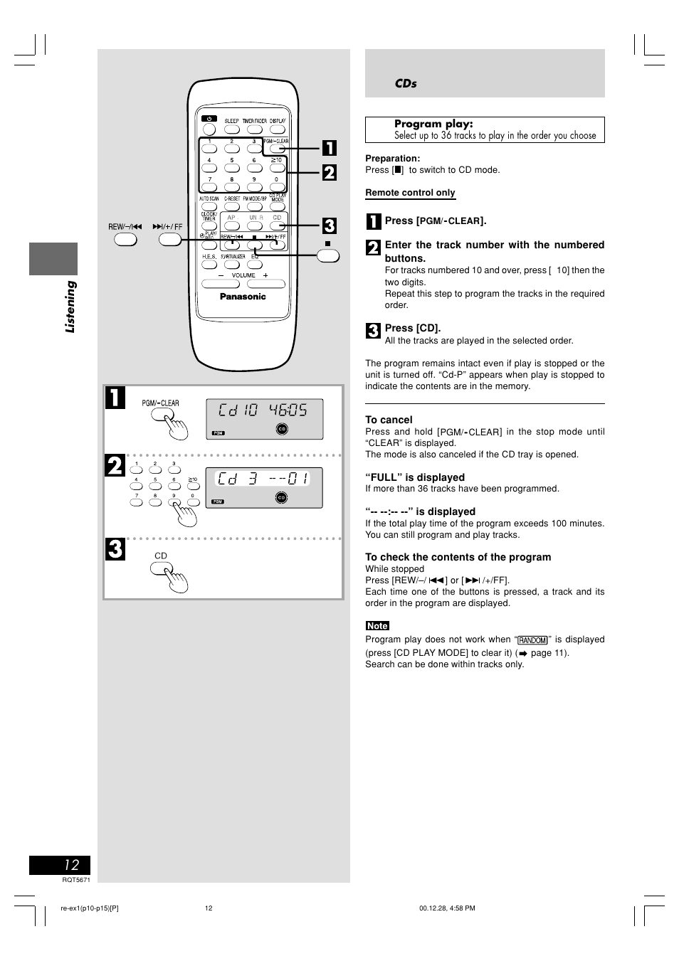 Listening, Press, Enter the track number with the numbered buttons | Press [cd, Full” is displayed, Is displayed | Panasonic RX-EX1 User Manual | Page 12 / 24