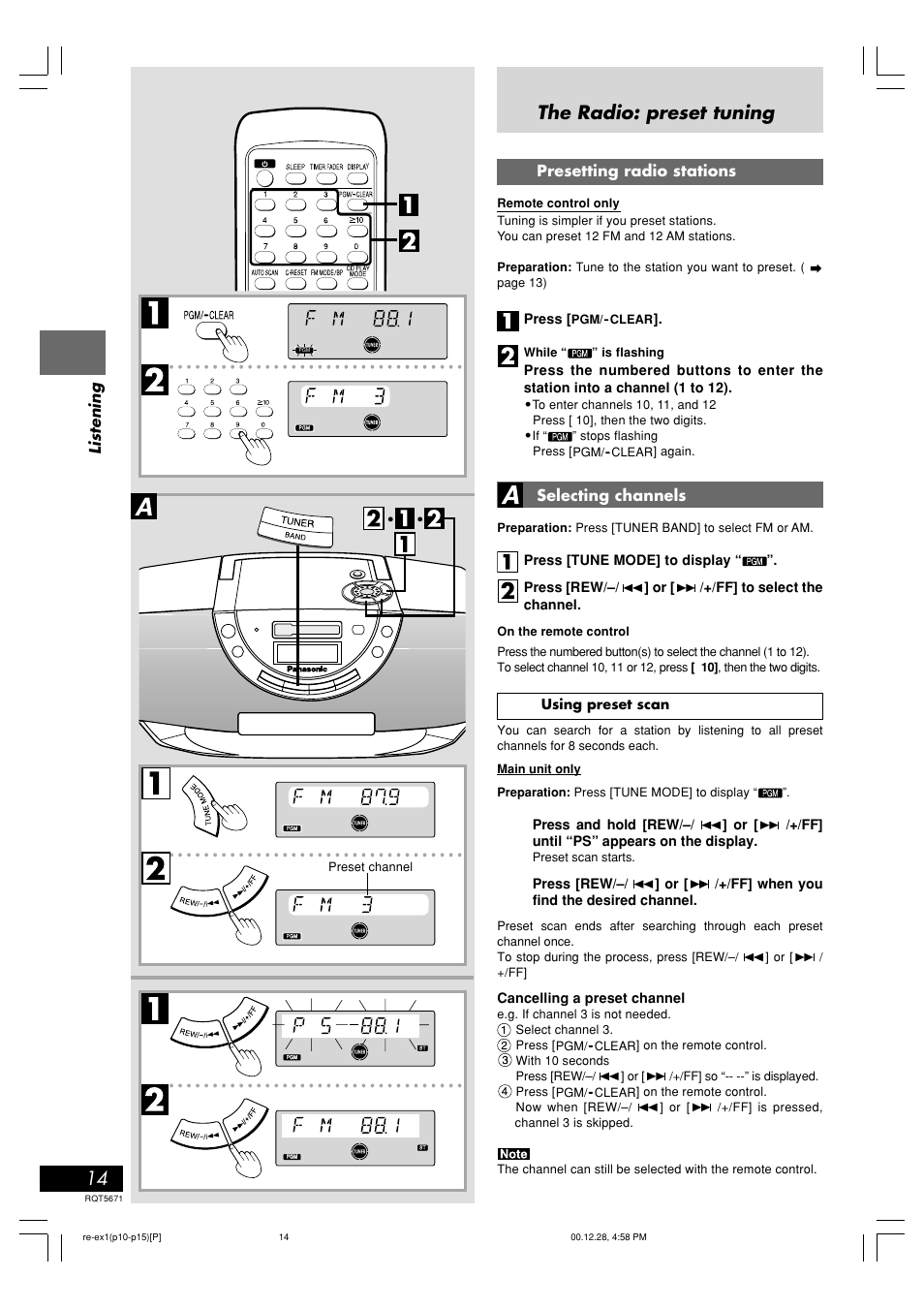 The radio: preset tuning, Listening, Presetting radio stations | Selecting channels, Press, Using preset scan, Cancelling a preset channel | Panasonic RX-EX1 User Manual | Page 14 / 24