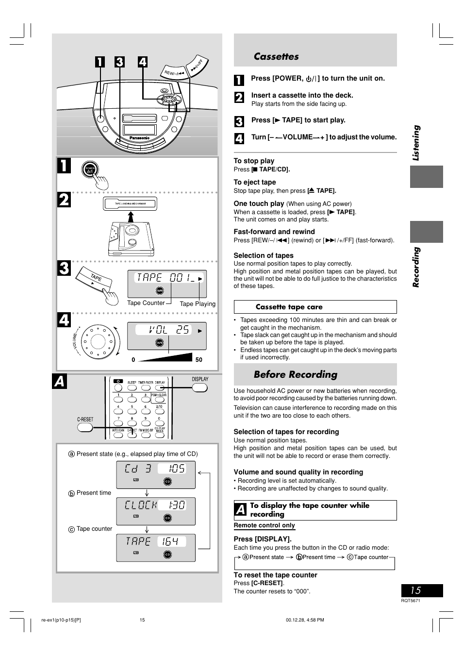 Cassettes, Recording, Before recording | Listening recording, Press [power, Press [ 3, Tape] to start play. turn, Volume, One touch play, Fast-forward and rewind | Panasonic RX-EX1 User Manual | Page 15 / 24