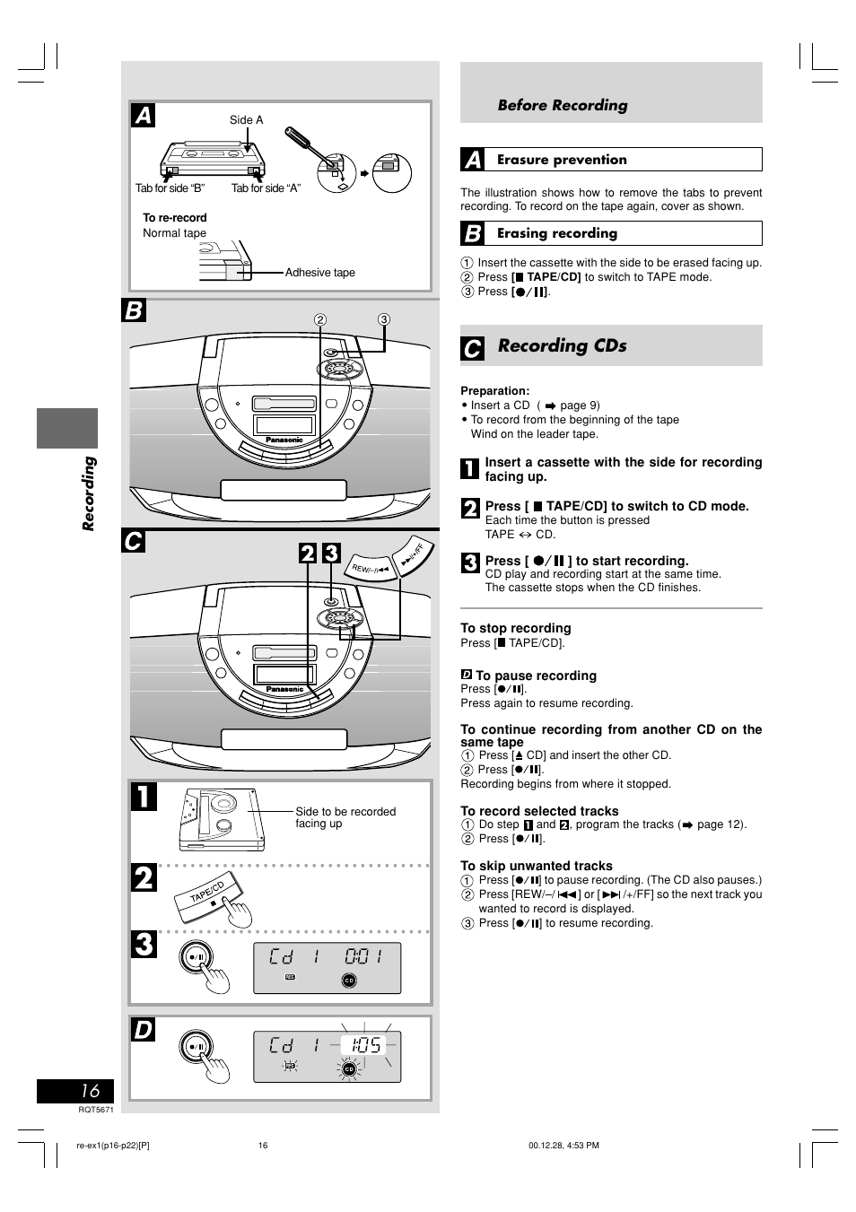 Recording cd's, Recording cds, Recording before recording | Erasure prevention, Erasing recording, Press [ ] to start recording | Panasonic RX-EX1 User Manual | Page 16 / 24