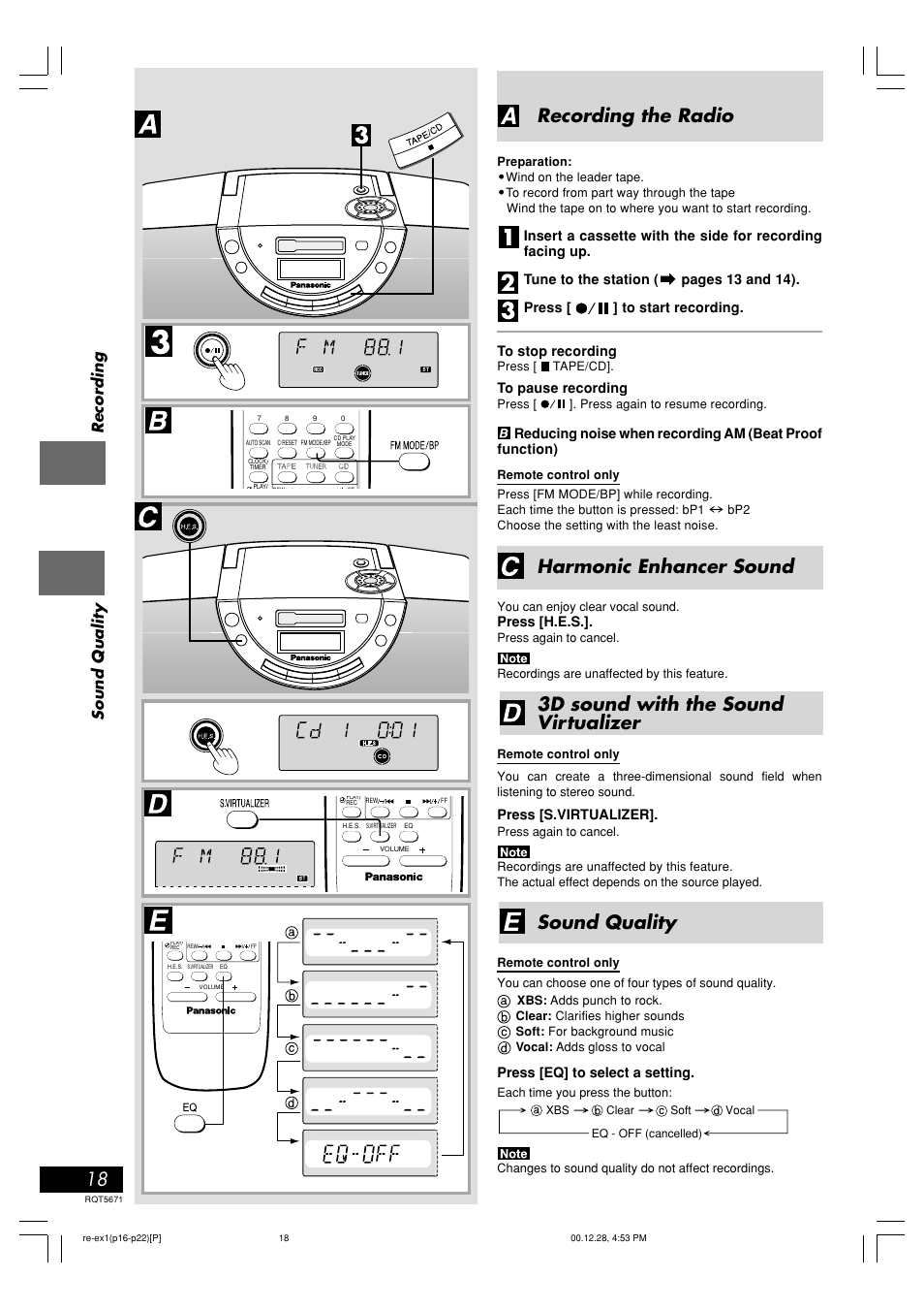 Recording the radio, Sound quality, Harmonic enhancer sound | 3d sound with the sound virtualizer, Recording, Recording sound quality, Press [h.e.s, Press [s.virtualizer, Press [eq] to select a setting | Panasonic RX-EX1 User Manual | Page 18 / 24