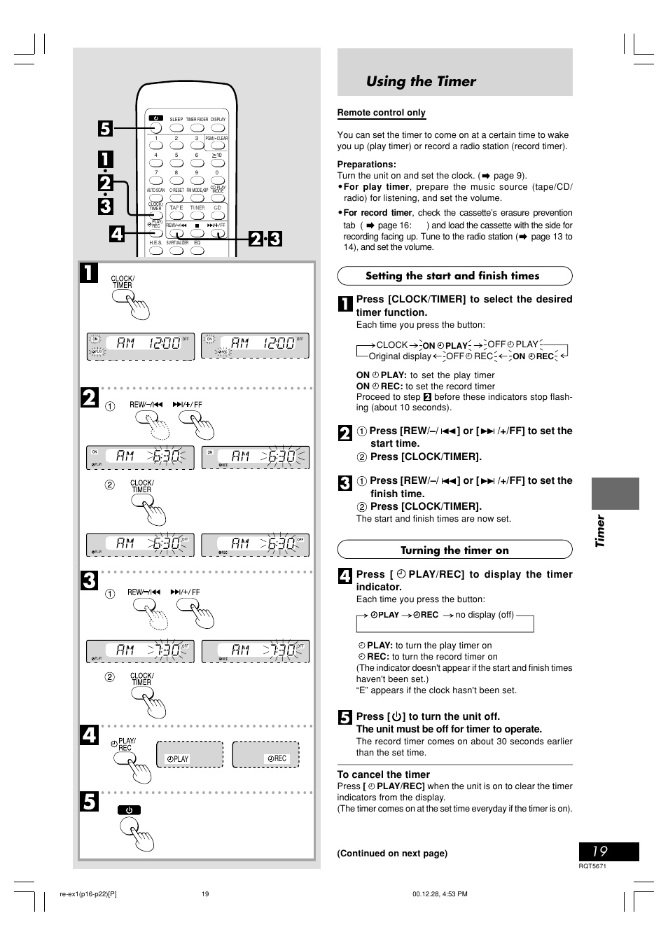 Timer, Using the timer | Panasonic RX-EX1 User Manual | Page 19 / 24