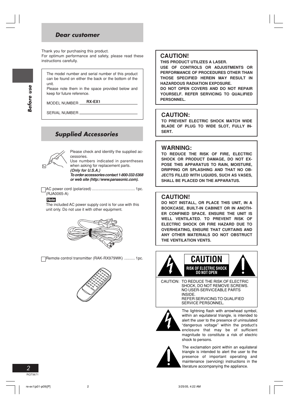Before use, Supplied accessories, Dear customer | Caution, Warning | Panasonic RX-EX1 User Manual | Page 2 / 24