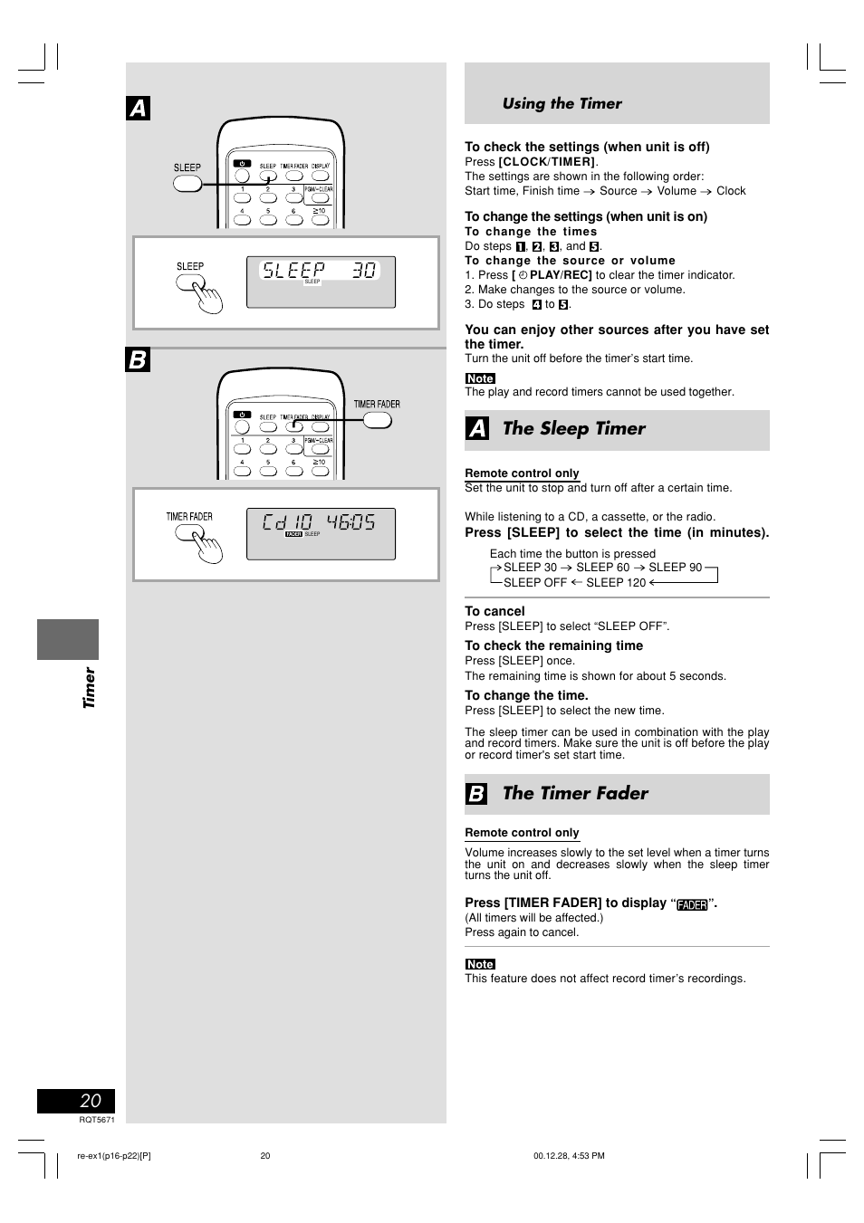 The sleep timer, The timer fader, Timer | Using the timer, Press [sleep] to select the time (in minutes), Press [timer fader] to display | Panasonic RX-EX1 User Manual | Page 20 / 24