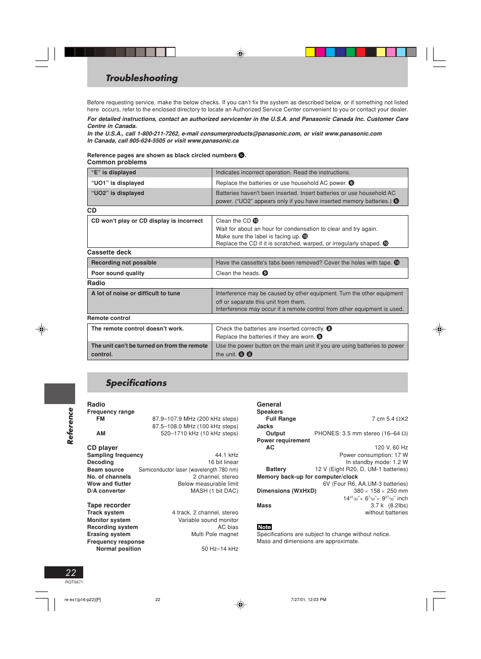 Troubleshooting, Specifications, Reference | Panasonic RX-EX1 User Manual | Page 22 / 24