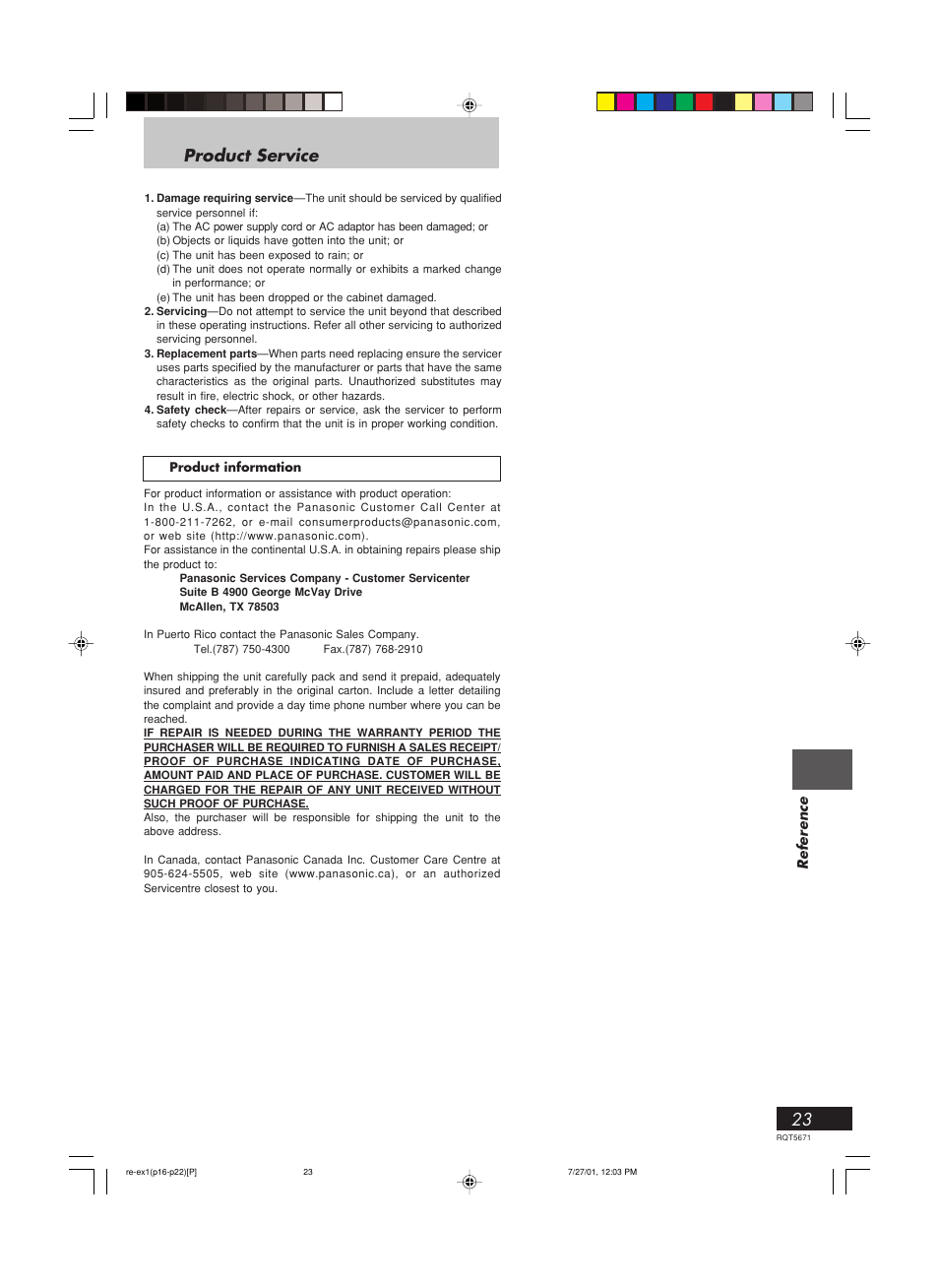 Product service, Reference | Panasonic RX-EX1 User Manual | Page 23 / 24