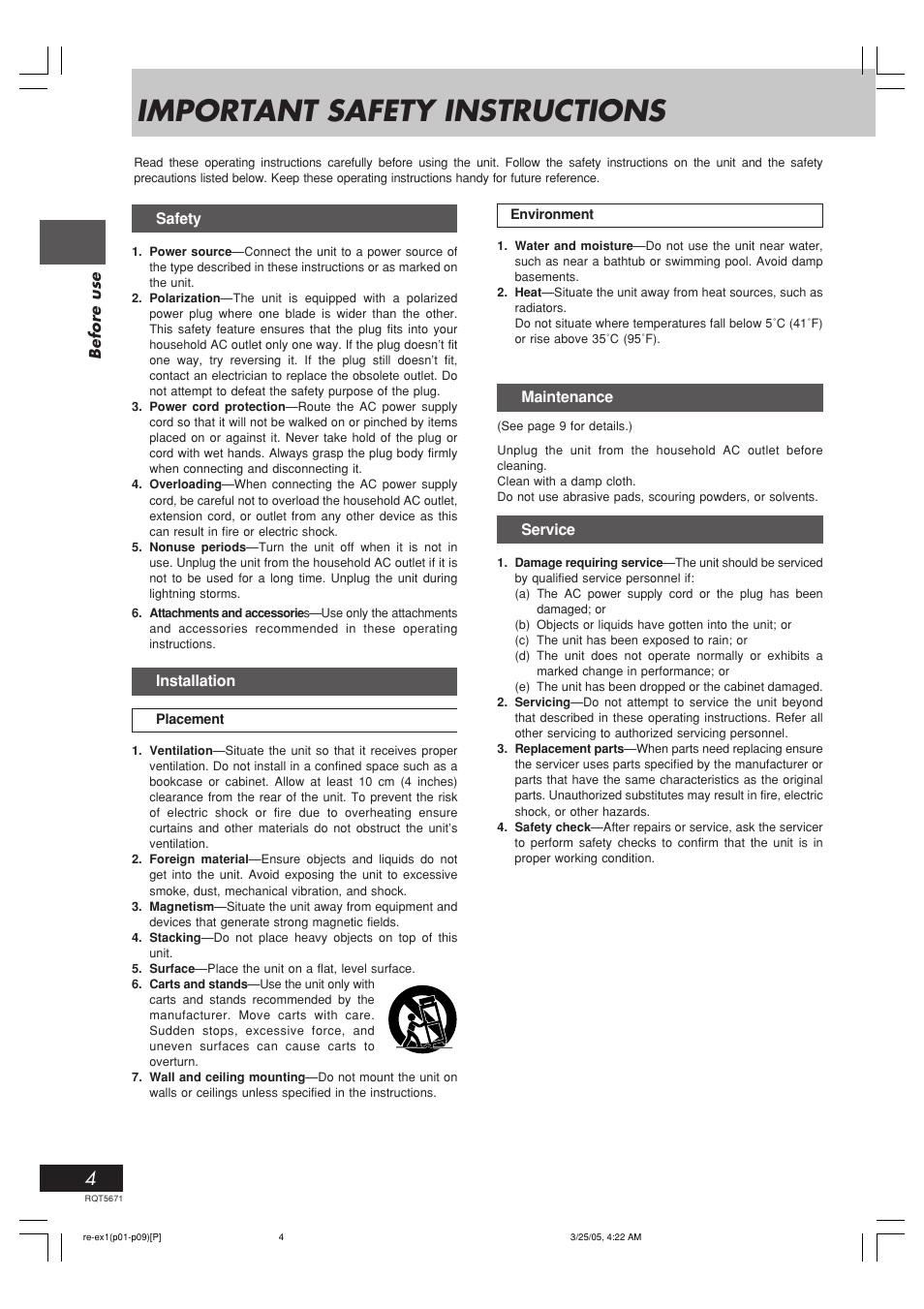 Important safety instructions | Panasonic RX-EX1 User Manual | Page 4 / 24