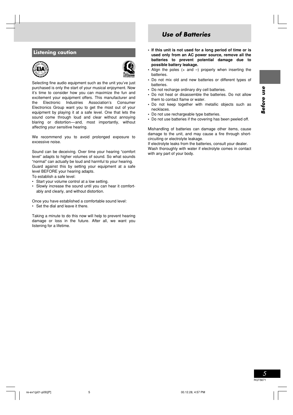 Use of batteries, Dear customer, Before use listening caution | Panasonic RX-EX1 User Manual | Page 5 / 24
