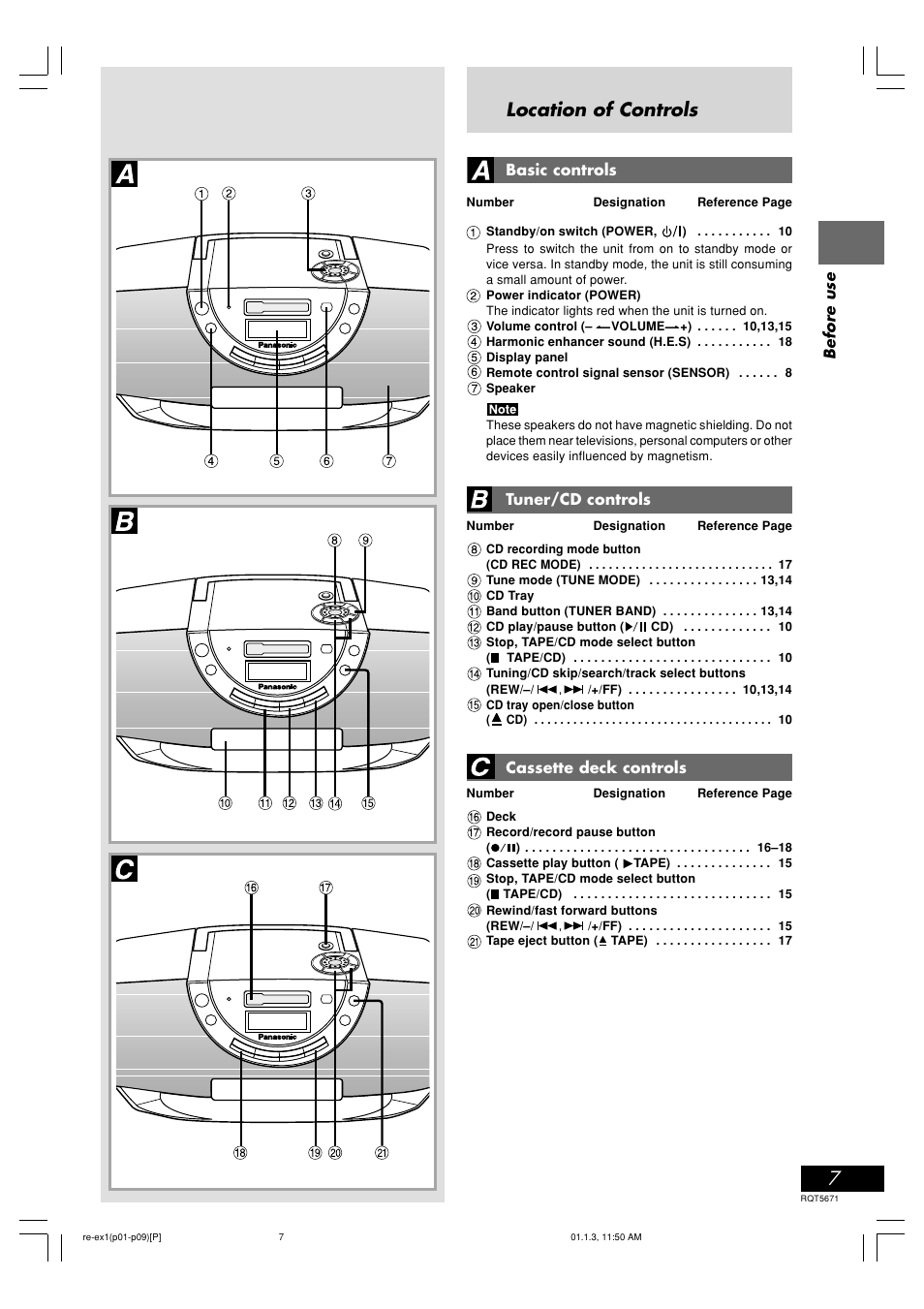 Location of controls, Before use, Basic controls | Tuner/cd controls, Cassette deck controls | Panasonic RX-EX1 User Manual | Page 7 / 24