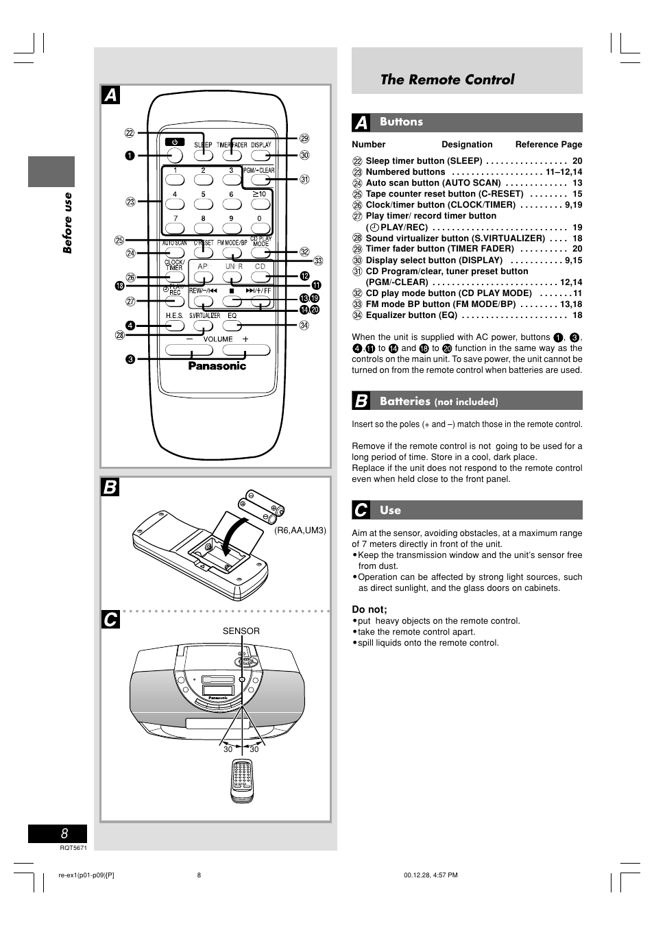 The remote control, Before use, Buttons | Batteries | Panasonic RX-EX1 User Manual | Page 8 / 24