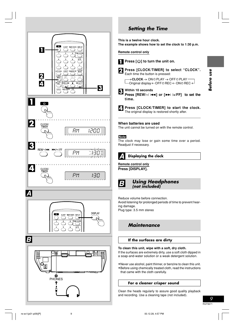 Setting the time, Using headphones, Maintenance | Before use, Not included) | Panasonic RX-EX1 User Manual | Page 9 / 24