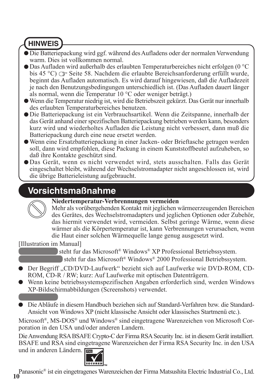 Vorsichtsmaßnahme | Panasonic CF-VDW07BH User Manual | Page 10 / 104