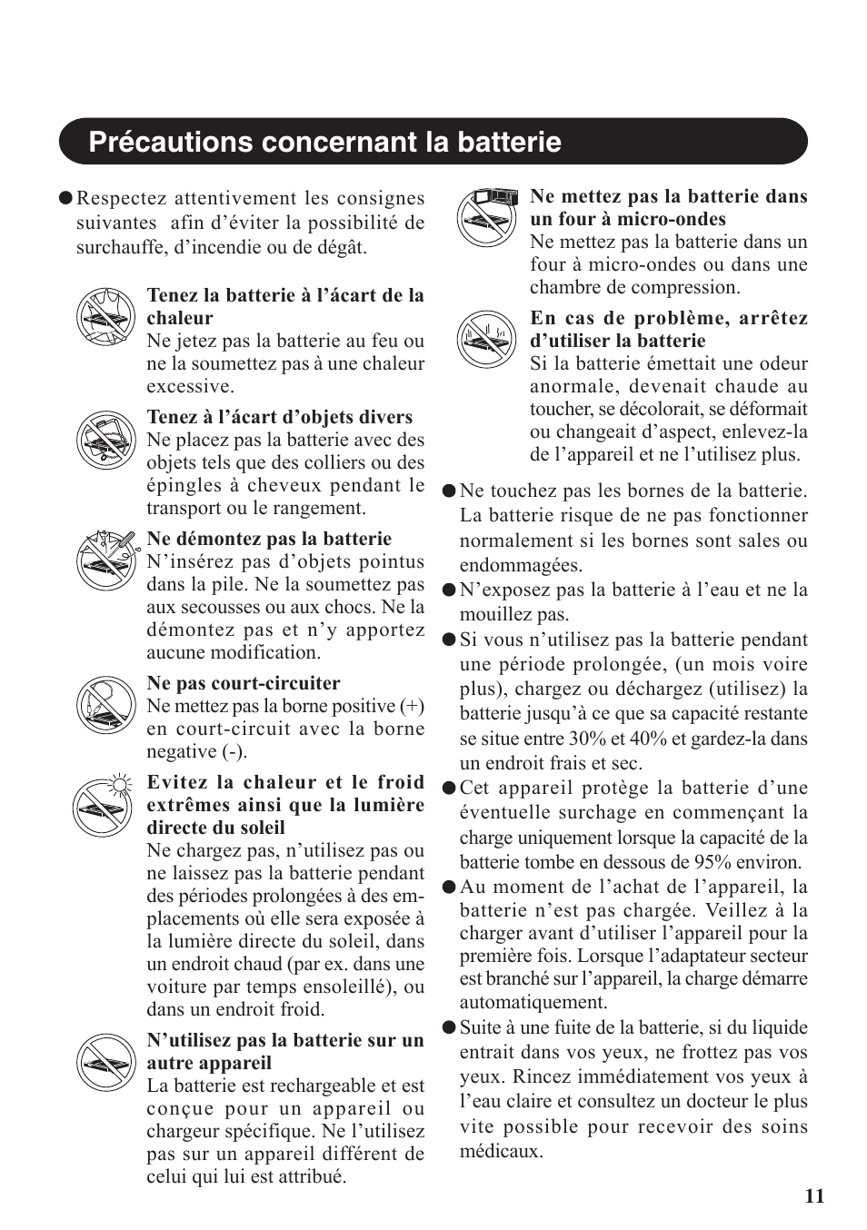 Précautions concernant la batterie | Panasonic CF-VDW07BH User Manual | Page 11 / 104