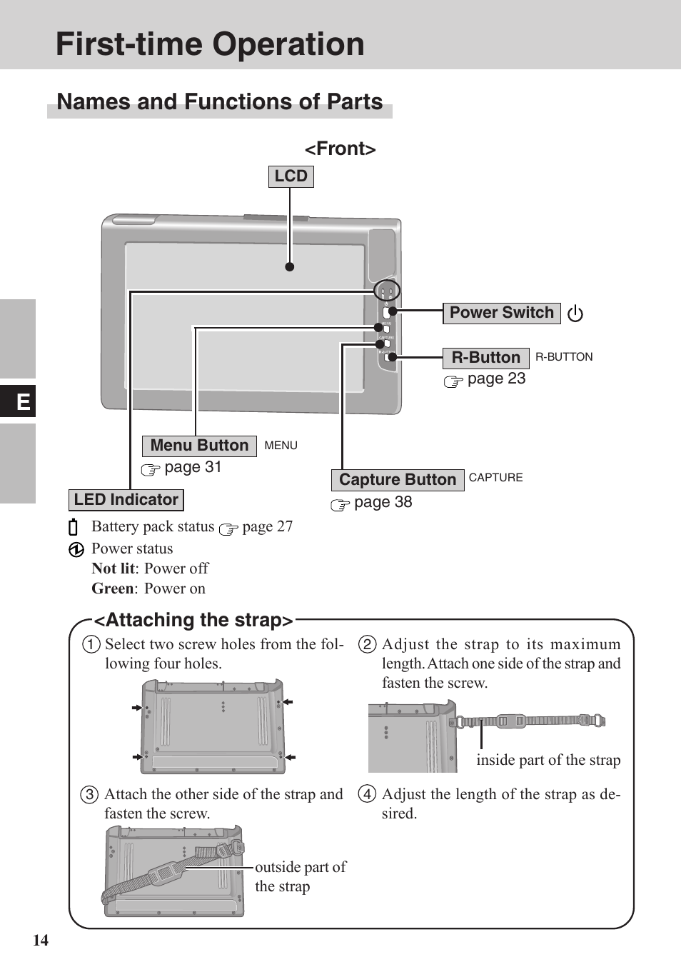 Operating insructions, First-time operation, Names and functions of parts | Front, Attaching the strap | Panasonic CF-VDW07BH User Manual | Page 14 / 104