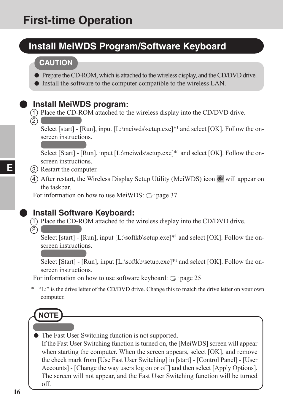 First-time operation, Install meiwds program/software keyboard, Install meiwds program | Install software keyboard | Panasonic CF-VDW07BH User Manual | Page 16 / 104