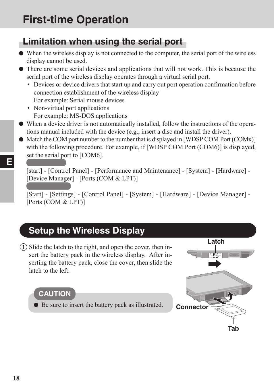 First-time operation, Setup the wireless display, Limitation when using the serial port | Panasonic CF-VDW07BH User Manual | Page 18 / 104