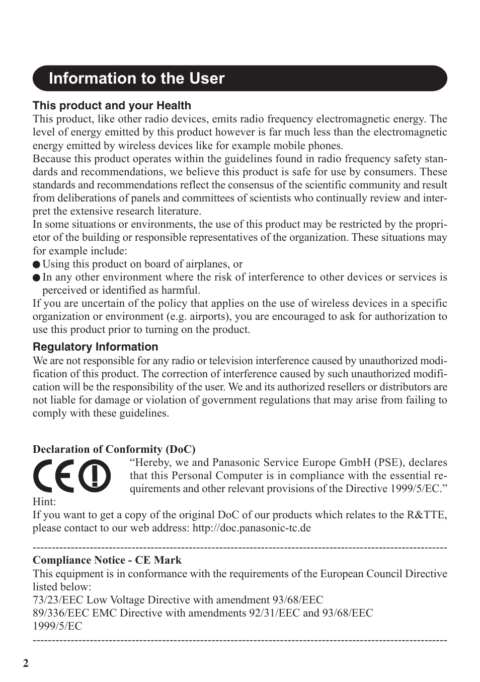 Information to the user | Panasonic CF-VDW07BH User Manual | Page 2 / 104