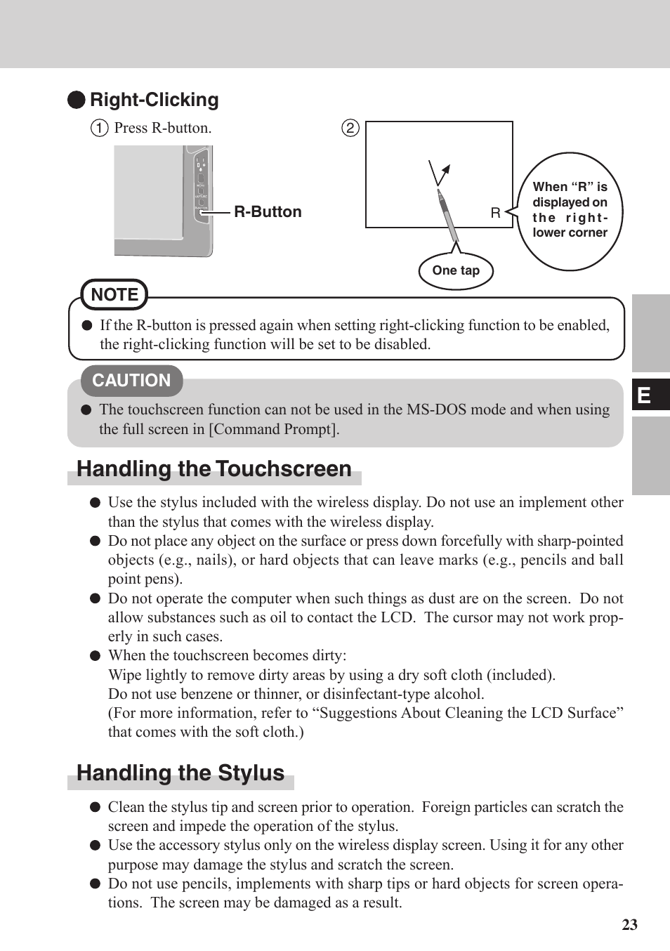 Handling the touchscreen, Handling the stylus, Right-clicking | Panasonic CF-VDW07BH User Manual | Page 23 / 104