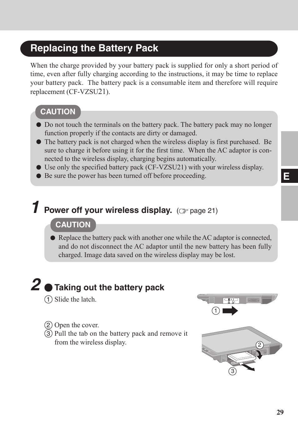 Ereplacing the battery pack | Panasonic CF-VDW07BH User Manual | Page 29 / 104