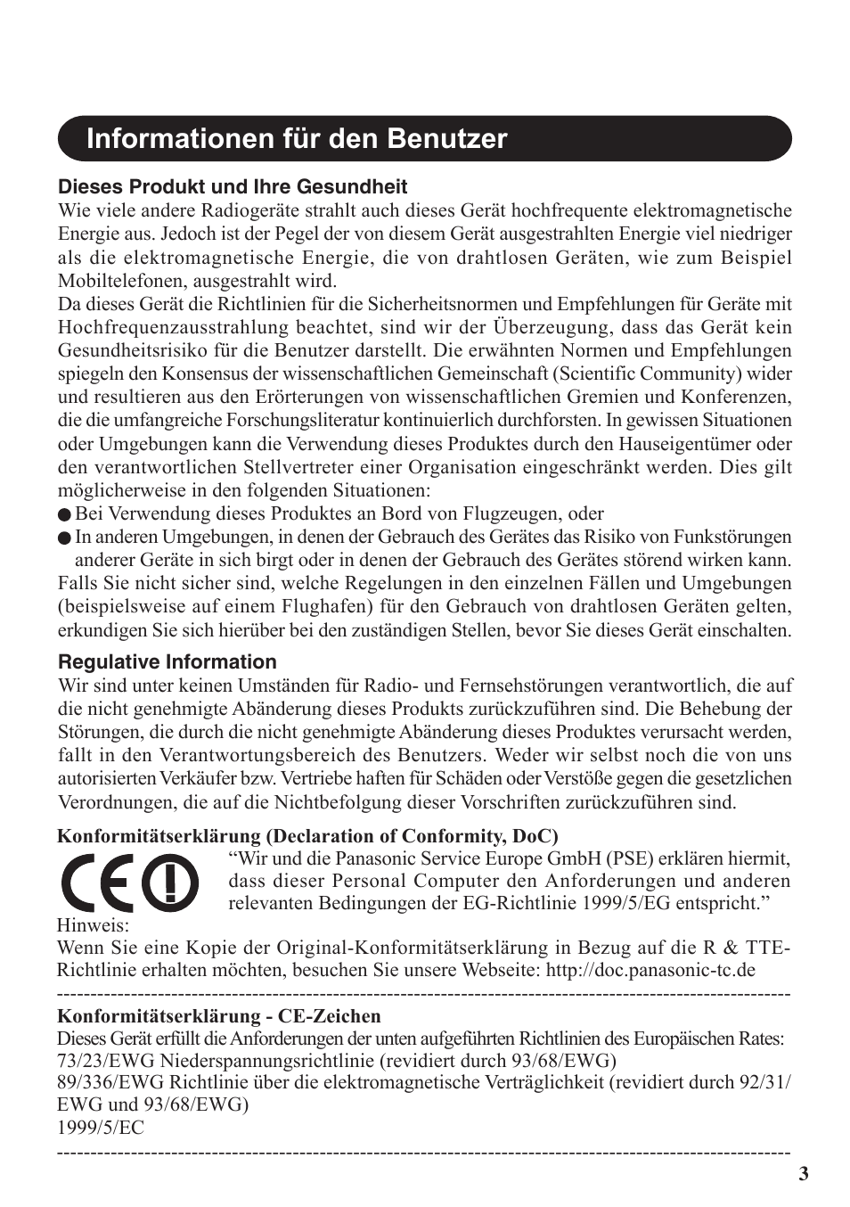 Informationen für den benutzer | Panasonic CF-VDW07BH User Manual | Page 3 / 104