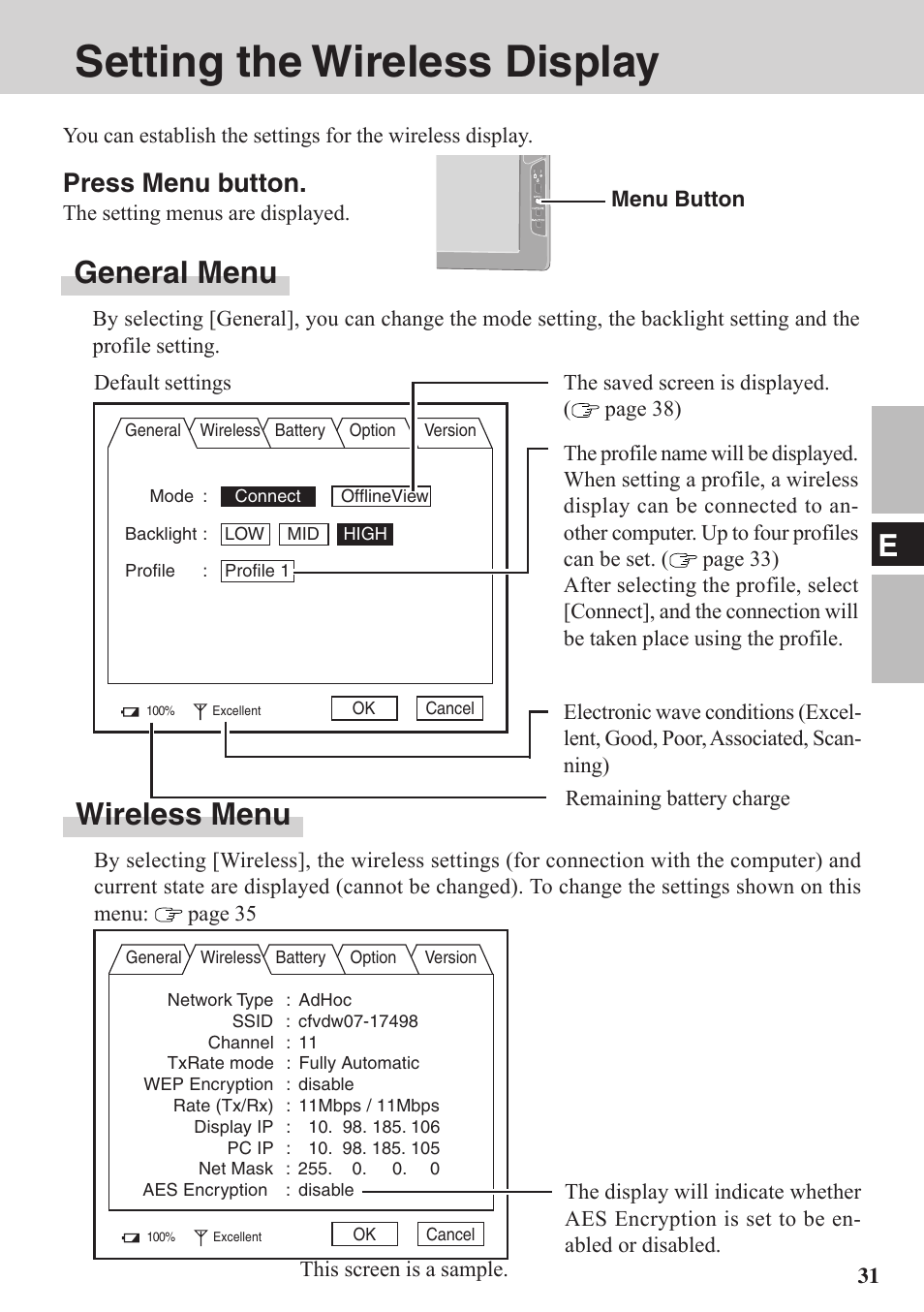 Setting the wireless display, General menu, Wireless menu | Press menu button | Panasonic CF-VDW07BH User Manual | Page 31 / 104