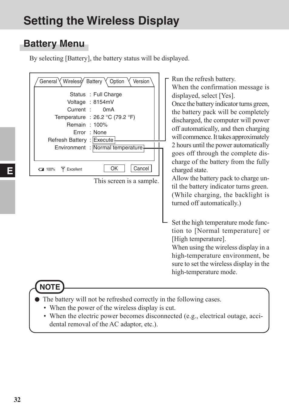 Setting the wireless display, Battery menu | Panasonic CF-VDW07BH User Manual | Page 32 / 104