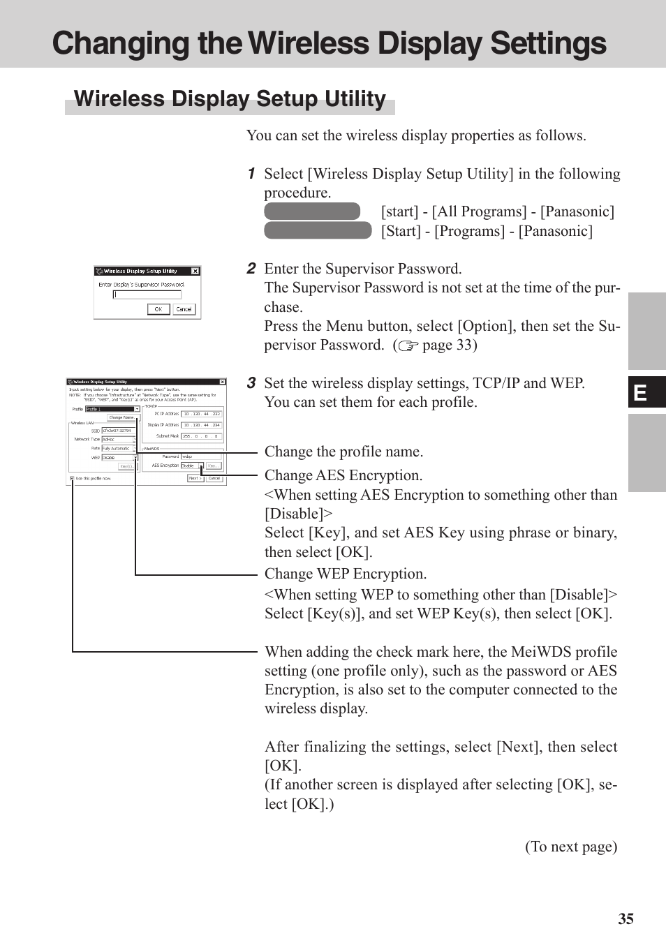 Changing the wireless display settings, Wireless display setup utility | Panasonic CF-VDW07BH User Manual | Page 35 / 104