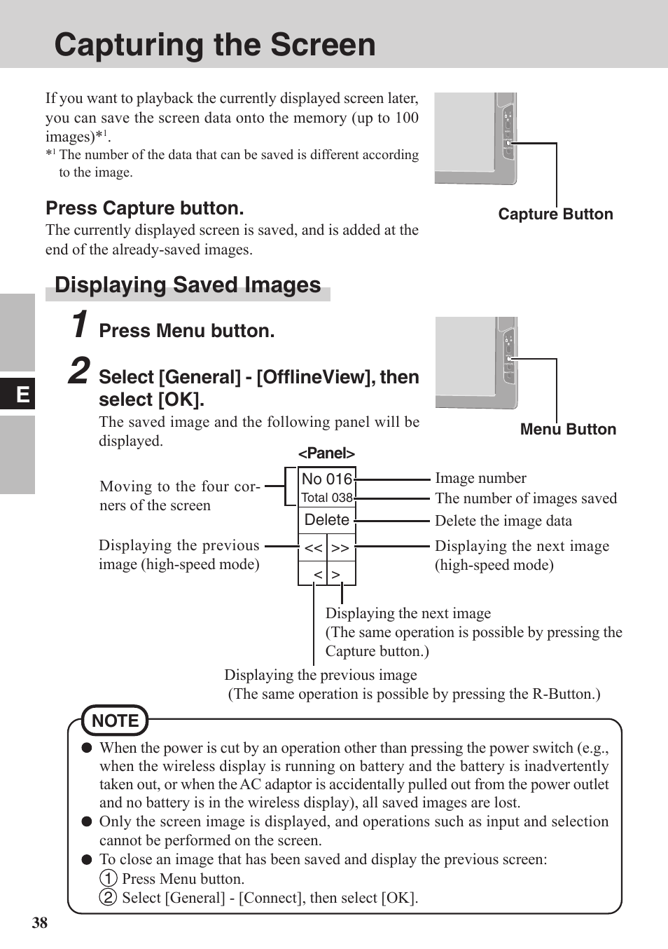 Capturing the screen, Displaying saved images | Panasonic CF-VDW07BH User Manual | Page 38 / 104