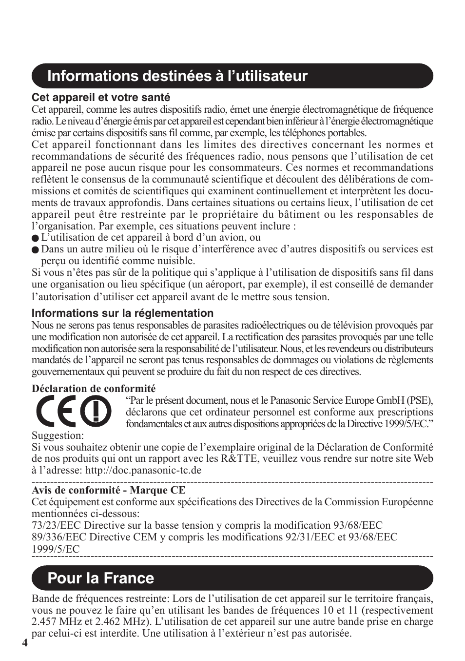 Informations destinées à l’utilisateur, Pour la france | Panasonic CF-VDW07BH User Manual | Page 4 / 104