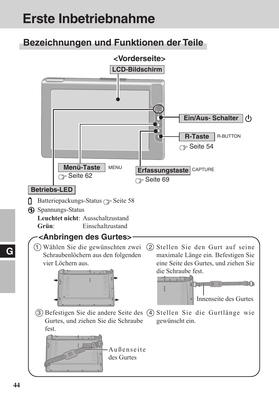 Bedienungsanleitung, Erste inbetriebnahme, Bezeichnungen und funktionen der teile | Vorderseite, Anbringen des gurtes | Panasonic CF-VDW07BH User Manual | Page 44 / 104